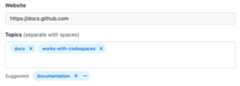 Screenshot of the "Topics" field showing example topics: "docs" and "works-with-codespaces." A "Suggested" topic "documentation" is shown below.