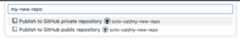 Screenshot of the repository name dropdown in VS Code. Two options are shown, for publishing to a private or a public repository.