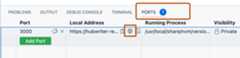 Screenshot of the "Ports" panel. The "Ports" tab and a globe icon, which opens the forwarded port in a browser, are highlighted with orange outlines.