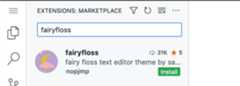 Screenshot of "Extensions: Marketplace". The search box shows "fairyfloss." The results show the "fairyfloss" extension with an "Install" button.