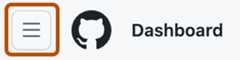 Screenshot of the navigation bar on GitHub. The "Open global navigation menu" icon is outlined in dark orange.
