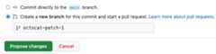Screenshot of a GitHub pull request showing a radio button to commit directly to the main branch or to create a new branch. New branch is selected.