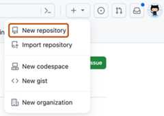 Screenshot of a GitHub dropdown menu showing options to create new items. The menu item "New repository" is outlined in dark orange.