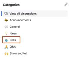 Screenshot of the categories section in the "Discussions" tab. The "Poll" category is outlined in dark orange.