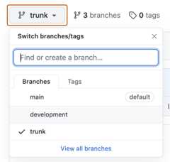 Screenshot of the expanded branch dropdown menu, listing various branches. The "trunk" dropdown menu, shown with a branch icon, is outlined in orange.