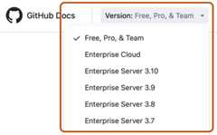 Screenshot of the header of GitHub Docs. The "Version" dropdown menu is expanded and highlighted with an orange outline.