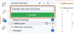 Screenshot of the "Source control" side bar. The commit message, "Change haiku text and styles," and the "Commit" button are outlined in orange.