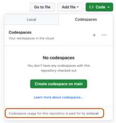 Screenshot of Codespaces dialog. The message showing who will pay for the codespace is highlighted with a dark orange outline.