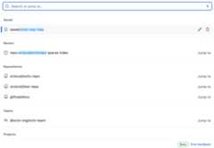 Screenshot of the GitHub search bar. There is a list of search suggestions by category below the search bar.