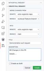 Screenshot of the "GitHub Pull Request" side bar with a form for creating a pull request, including "Title" and "Description" fields.