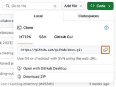 Screenshot of the "Code" dropdown menu. To the right of the HTTPS URL for the repository, a copy icon is outlined in dark orange.