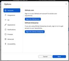 Screenshot of the "Accounts" pane in the "Options" window. Blue buttons labeled "Sign Into GitHub.com" and "Sign Into GitHub Enterprise" are shown.