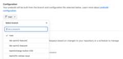 Screenshot of the "Configuration" settings for a prebuild with a dropdown menu listing branches to select. The "main" branch is currently selected.