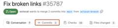 Screenshot of the title and tabs on a pull request. The "Commits" tab is outlined in dark orange.