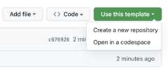 Screenshot of the "Use this template" button and the dropdown menu expanded to show the "Open in a codespace" option.