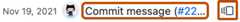 Screenshot of a commit in the blame view. The commit message and versions icon are outlined in dark orange.