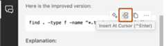 Screenshot of the 'Insert at cursor' icon in the Copilot Chat panel.