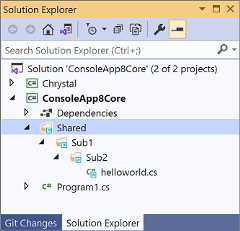 Solution Explorer showing item with LinkBase metadata.