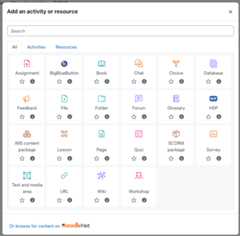 The activity chooser appears like a modal window on top of your course page. It contains all available activity types you can add to your course.