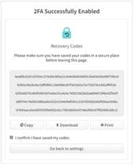 Screenshot showing the Recovery Code page