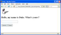 Screen shot of running basic authentication example showing text field for user to type name