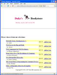 Screen capture of Duke's Bookstore book catalog, with titles, authors, prices, and 
