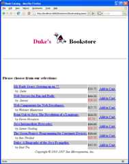 Screen capture of Duke's Bookstore book catalog, with titles, authors, prices, and 