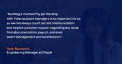 A quote of Rafał Boczarski, Engineering Manager at Glopal, written on a blue background