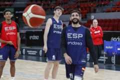 El base Ricky Rubio, en un entrenamiento de la selección española de baloncesto de cara al partido contra Letonia.