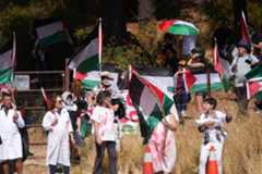 Grupos de manifestantes propalestinos en el Puerto de Navacerrada.
