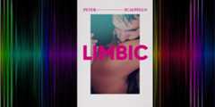 Book cover for "Limbic" by Peter Scalpello. The cover features a close-up photo of a person gently biting another person's shoulder. The title "LIMBIC" is prominently displayed in pink capital letters across the image, with colorful vertical lines on the sides.