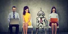 Three people are sitting on chairs, with the middle person replaced by a sketch of a robot. The man on the left is using a laptop, the woman on the right is reading an orange folder, and the middle robot sketch appears to be in a seated position.