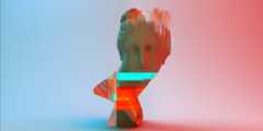 A textured gray bust of a classical statue is digitally distorted with vibrant streaks of red, blue, and orange. The background transitions softly from blue on the left to pink on the right, adding a modern, glitch art effect to the traditional sculpture.