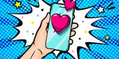 A comic-style illustration features a hand holding a smartphone with a large, vibrant pink heart displayed on the screen. The background has a dynamic blue dotted pattern with various small stars scattered around, creating an energetic and lively atmosphere.