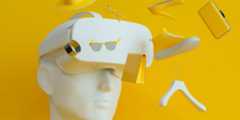A white mannequin head wears a virtual reality headset. Various yellow fashion accessories, including a hat, glasses, high heel shoe, sneaker, handbag, watch, and hanger, float around the head against a bright yellow background.