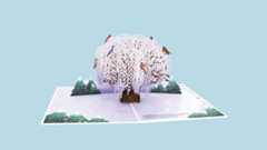 popup card of a weeping willow in winter scene
