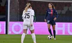 Paris Saint-Germain's Eva Gaetino controls the ball while facing BK Hacken midfielder Alice Bergström..