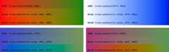 There are four squares. Each square shows the code for gradients with sRBG, Oklab, and OKLCH. The code in each block is the same, but for each color space, the gradient is slightly different.