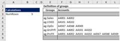 Each of the "ag" (Account Group) labels in column E of this Excel worksheet is the name assigned to the list of account numbers to the right of the labels.