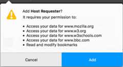Example of the permissions message when host permission for four websites is requested.