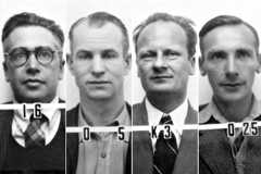 Da esquerda para a direita, a foto do crachá usado no Projeto Manhattan dos físicos Emilio Segrè, Edwin M. McMillan, Hans Bethe e Joseph Rotblat. Eles estão entre os 26 cientistas do projeto premiados com o Nobel antes, durante ou após a empreitada
