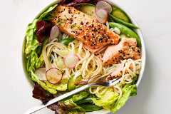 Sesame salmon noodle bowls with ponzu. Food styled by Spencer Richards. (Rachel Vanni/The New York Times)