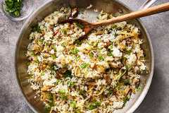 Sizzled scallion rice with sardines. Food Stylist: Monica Pierini. (Rachel Vanni/The New York Times)
