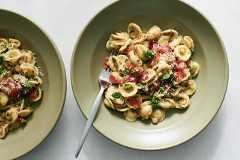A recipe for Lemony Pasta With Braised White Beans. Food styled by Simon Andrews. (David Malosh/The New York Times)