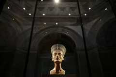 The Nefertiti bust is pictured during a press preview of the exhibition 'In The Light Of Amarna' at the Neues Museum in Berlin