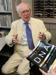FILE PHOTO: James D. Watson (L), co-discoverer of the DNA helix and father of the Human Genome Project, prepares to autograph his book for a researcher at the Baylor College of Medicine's Human Genome Sequencing Center in Houston May 31, 2007. REUTERS/Richard Carson (UNITED STATES)/File Photo ORG XMIT: FW1