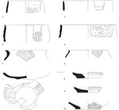 Figure 6. Mavropigi-Fillotsairi: Sherds of various vessel shapes, with impressions covering most of the vessel body (Bonga 2020: Figures 17-18)  In Mavropigi, a variety of different decorations in the negative has been documented (Bonga 2017: Figure 7; 2019: Figure 4; 2020: Figs. 16-18): Besides fingernails and finger pinches, blunt or sharp tools were also used to decorate the vessels, but no comb-like tools. Like at the other Macedonian sites, also in Mavropigi, habitation did not continue into the 6" millennium BC, and this may be why no multi-toothed decorations (comparable to the MN in Thessaly) were applied. 