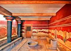 KINGLY KNossos. Knossos was the center of Minoan civilization on Crete, and its palace is legendary. According to Greek mythol- ogy, it was the home of King Minos and the Minotaur—housed within a labyrinth. Large and richly decorated, the palace complex spanned 5 acres. At its center was a throne room (see recon- structed room, above), built in the 15th century B.C. as an addition to the palace. Lined with benches, its walls were covered with bright frescoes of griffins and leafy palms and water plants. On its north wall sat a stone throne, the oldest in the Mediterranean, in front of a stone bowl. The palace’s rich decoration demonstrates the power, wealth, and grandeur of the Bronze Age kingdoms of the Aegean and Near Eastern worlds.  Bronze Age, we know of several factors that created stress on one or more parts of the system. 