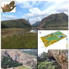 Figure 1. Location of Kruger Cave and its entrance as it appears in 2022. The elevation map (heights in meters) is provided courtesy of Fernando Colino (using data from the NASA EOSDIS Land Processes Distributed Active Archive Centre [LP DAAC]). Aerial photograph provided courtesy of Vincent Carruthers.  to protect the site at the conclusion of the 1983 excavation had proved ineffectual by 1986, having been, by that stage, partly torn down and removed (Alan Retief pers. comm. January 2020). 
