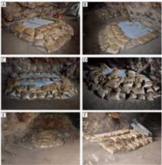 Figure 18. Stabilised bulks of intact archaeological deposit. Corresponding to the map in Figure 2, a) shows bulk A; b) showing bulk A in foreground and bulk B in the background; c) showing bulk B; d) showing bulk C; e) showing bulk D situated in the rear of the cave; and f) showing bulk E. 